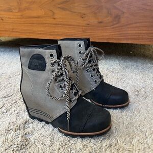 Sorel wedge lace up booties leather and canvas